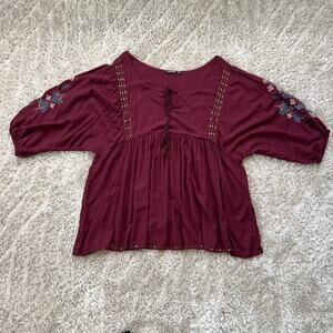 ALLOY Apparel Boho 3/4 Sleeves Tunic Top Women Plus Size XXL Beaded Peplum Wine